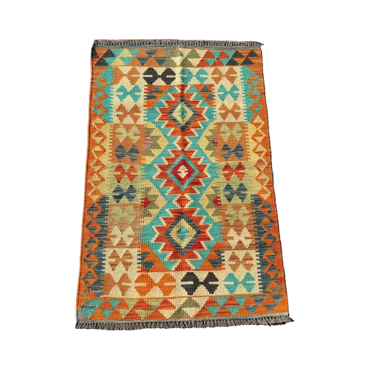 Hand Woven Afghan Wool Orange And Blue Kilim Rug #010*
