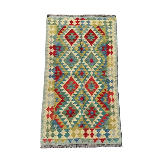 Hand Woven Afghan Wool Green And Blue Kilim Rug #021*