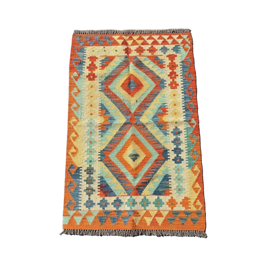 Hand Woven Afghan Wool Orange, Cream And Blue Kilim Rug #015*