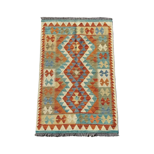 Hand Woven Afghan Wool Orange And Cream Kilim Rug #013*