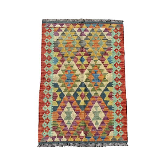 Hand Woven Afghan Wool Green Tones Kilim Rug #018*