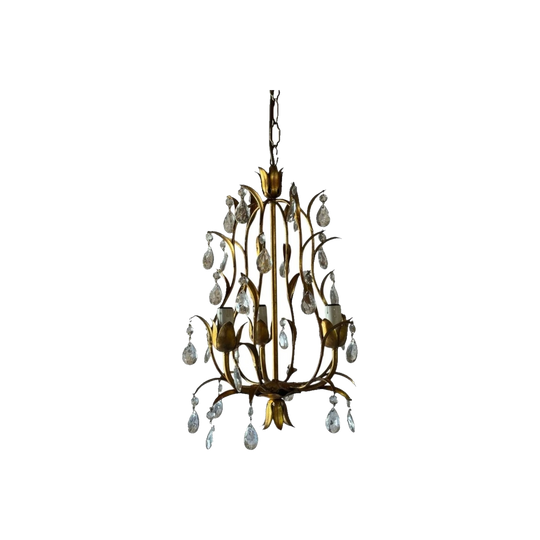 Vintage 1960s Italian Florentine Gilt Metal & Crystal 3 Light Chandelier - 30cmDIA