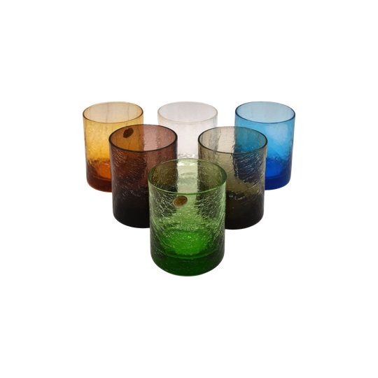 Vintage Hand-Blown Crackle Glass Lowball Tumblers – Assorted Colours (Set of 6) – Made in Poland
