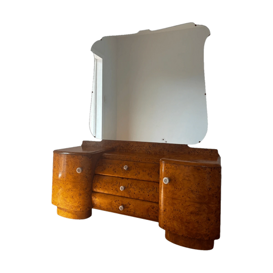 Vintage art deco Burl Walnut dresser and mirror
