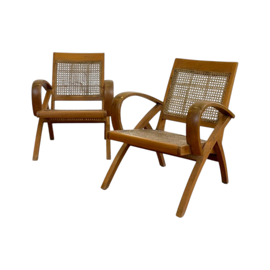 Pair of 1940s Teak and Rattan Lounge Chairs