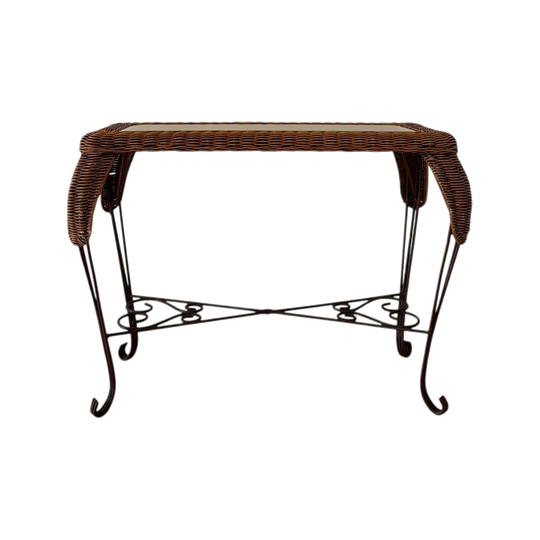 Vintage wicker and glass console table