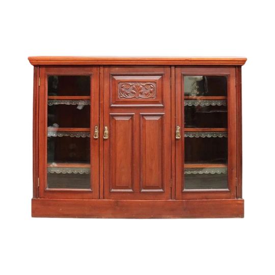Antique English Walnut Three Door Sideboard or Display Cabinet, Bookcase circa 1915. B13101