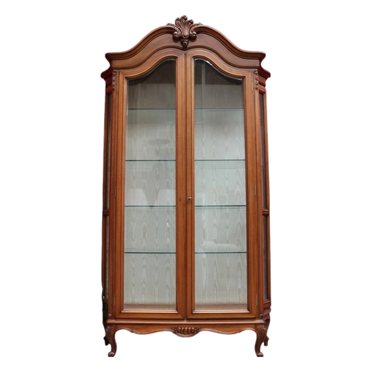 Vintage French Louis XV Style Walnut Vitrine Display Cabinet with Curved Glass