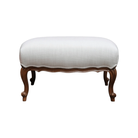 Vintage European Walnut Upholstered Footstool Ottoman, Linen Fabric