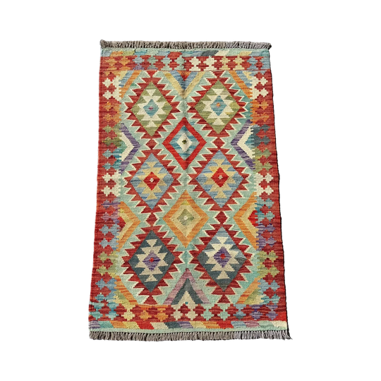 Hand Woven Afghan Wool Orange And Blues Kilim Rug #012*