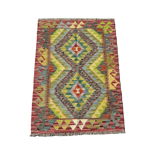 Hand Woven Afghan Wool Red And Yellow Kilim Rug #014*