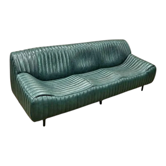 MCM Emerald Green Ribbed 3-Seater Top-Grain Real Leather Sofa