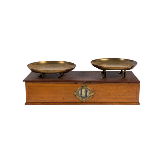 Impressive and beautiful set of large 20th century antique French scales with brass trays from The French Alps