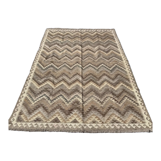 Large Hand Woven Afghan Beige and Grey Wool Kilim Rug #043*