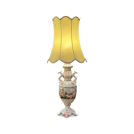 Quality capodimonte ceramic table lamp with hand painted scene c.1950