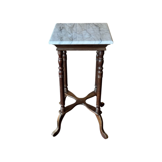 Vintage Turned Timber Plant Stand with Marble Top
