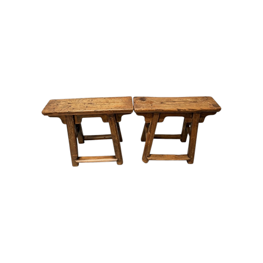1683: Pair of Antique Chinese Low Benches Rustic Wood Worker Stools