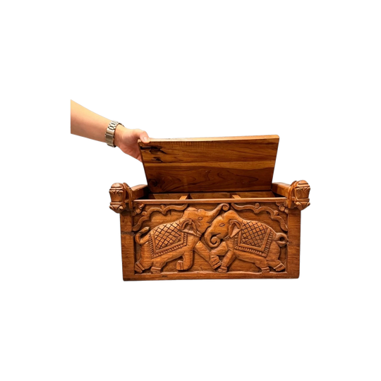 1053: Carved Wooden Storage Box with Elephant Relief