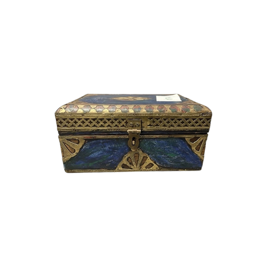 1424: Vintage Hand-Painted Brass & Wood Keepsake Jewellery Box