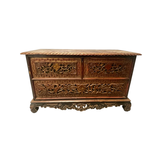 Asian Madurese Antique Heavy Carved Wooden Blanket Storage Trunk Chest
