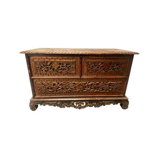 Asian Madurese Antique Heavy Carved Wooden Blanket Storage Trunk Chest