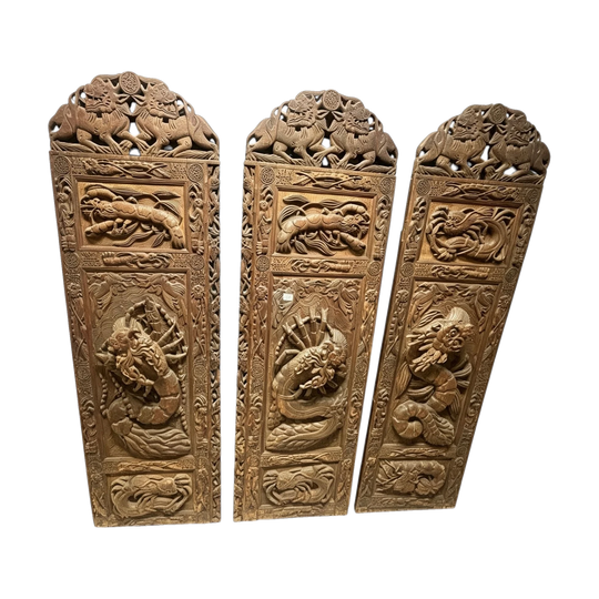 753: Set of 4 Vintage Carved Wood Wall Art Panels Oriental Asian Dragons