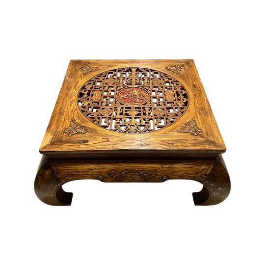 1618: Chinese Antique Wood Carved Kang Table Vintage Low Coffee Table