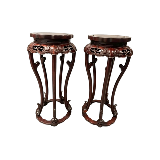 1491: Vintage Carved Hardwood Tall Plant Stand Round Top Pedestal Tables