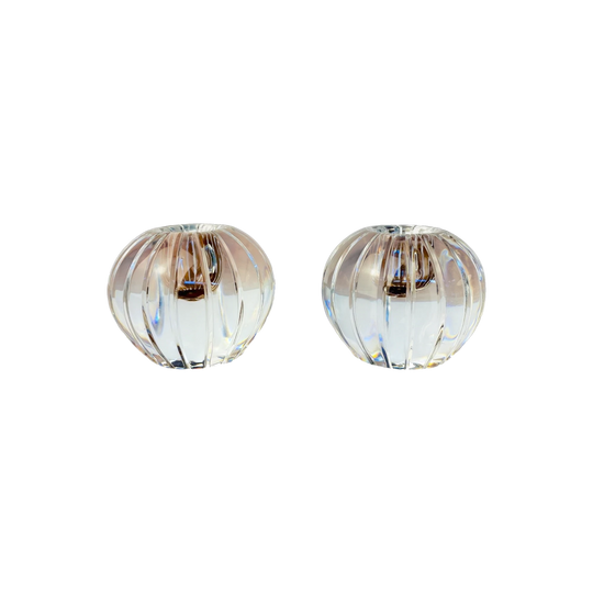 Pair of Orrefors Crystal Ball Candlesticks, Swedish Glass Candle Holders, Set of 2