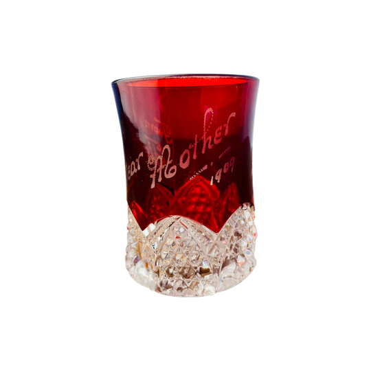 Edwardian Ruby Glass Vase, Pressed Glass, Engraved Dedication (1909) 10cm