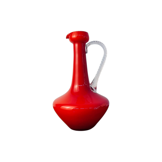 Vintage Empoli Red Art Glass Jug | Hand Blown Italian Cased Glass Decanter, Twisted Handle