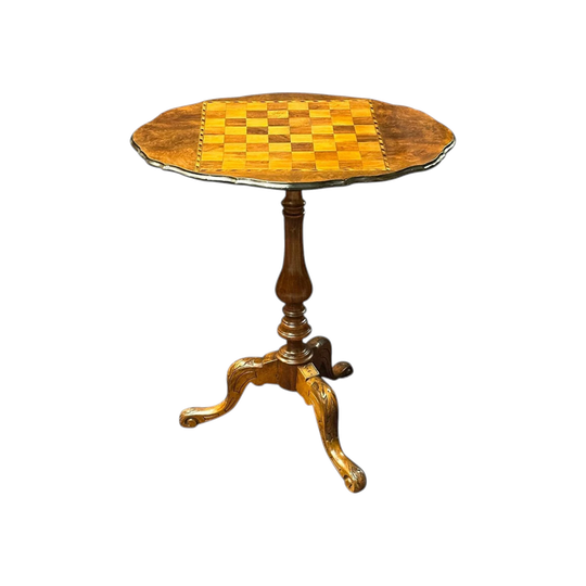 Burr walnut inlaid chess table on carved pedestal base c.1880