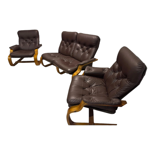 Scandinavian Mid-Century Bentwood Sling lounge setting– Brown Leather