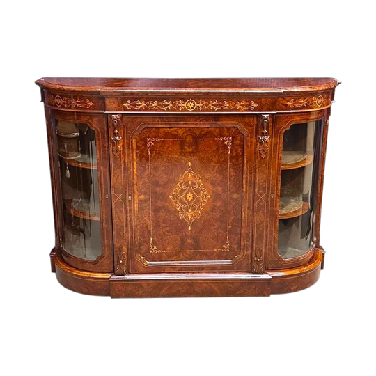 Superb English burr walnut 3 door breakfront credenza with fine marquetry inlays c.1870