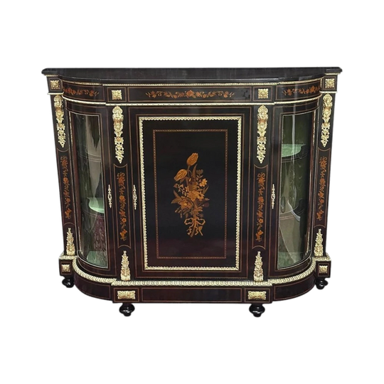 English Ebonised 3 door credenza with marquetry inlays and gilt bronze mounts c.1870