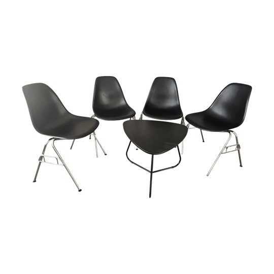 Authentic Vitra Eames Side Chairs (Set of 4) + Matching Black Coffee Table