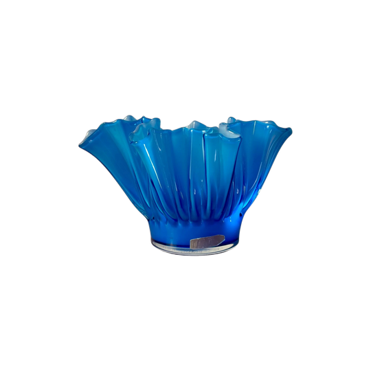 Vintage Iwatsu Hineri Art Glass Bowl Vase | Aqua Blue | Original Sticker | 19cm Diameter