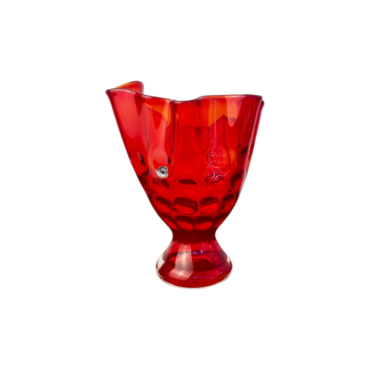Sanyu Japanese Art Glass Vase | Ruby Red Ruffled Vase | Original Sticker |  19cm Tall