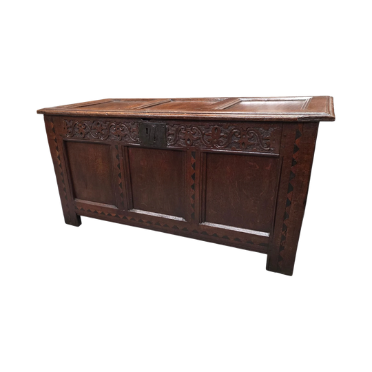 18th Century French Oak Coffer Featuring Beautiful Carvings
