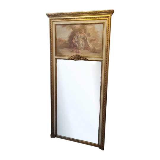 Antique French Gilt & Hand Painted Decorative Trumeau Mirror