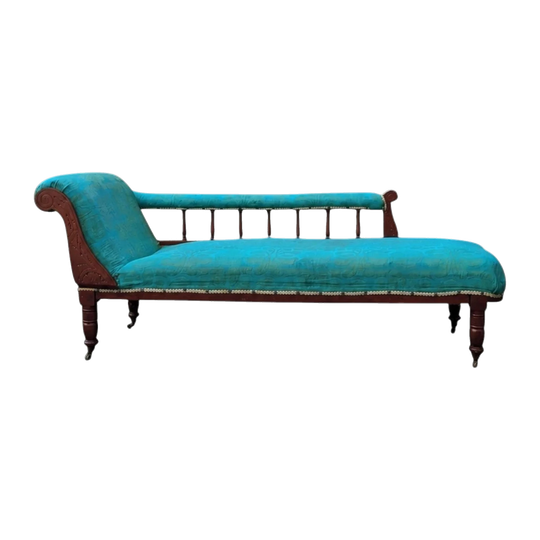 Antique French Chaise in Turquoise Silk