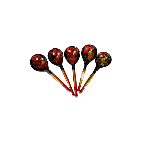 Vintage Hand-Painted Khokhloma Russian Wooden Spoons, Set of 5