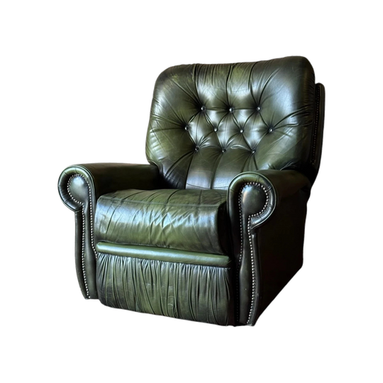 Vintage Green Leather Button-Tufted Reclining Armchair