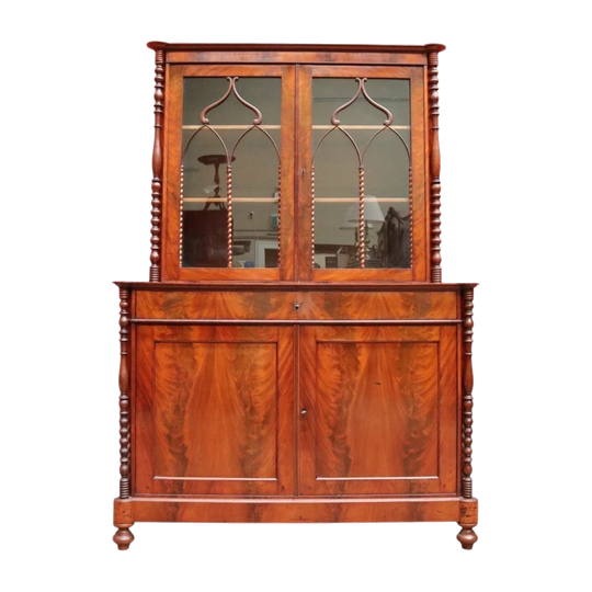 Antique English Flame Mahogany Two Part Bookcase Cabinet circa 1880