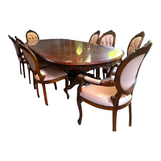 Vintage 3m Long Dining Table with 8 Leather Matching Chairs