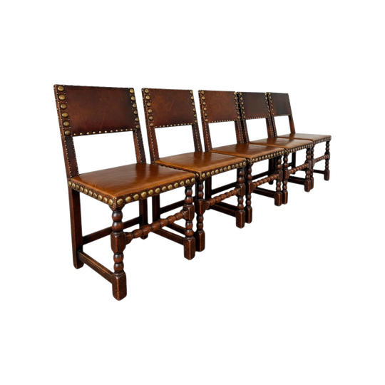 Vintage French Revivalist Nail Stud Leatherette Dining Chairs Set