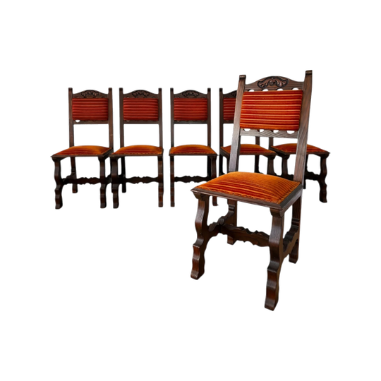 Spanish revivalist dining chair set with burnt orange corduroy upholstery
