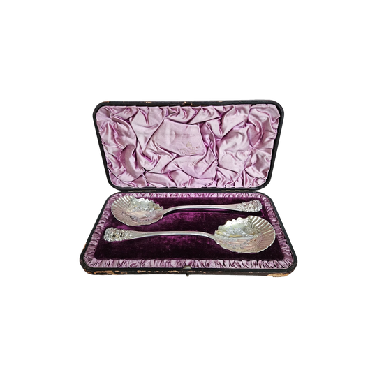 Superior Pair of Solid Silver Georgian Berry Serving Spoons in Case