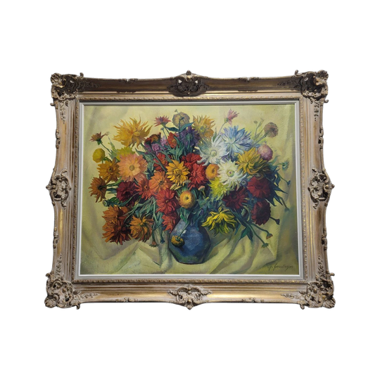 Large Vibrant French Signed Oil on Canvas “Flowers In Vase”