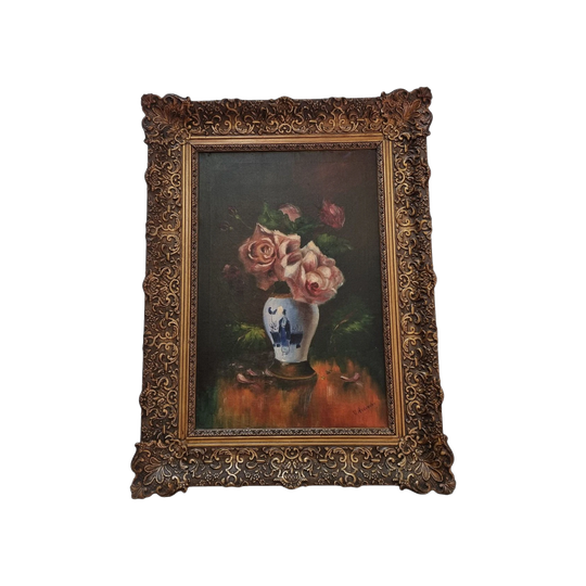 French Signed Floral Oil on Canvas Painting of Roses